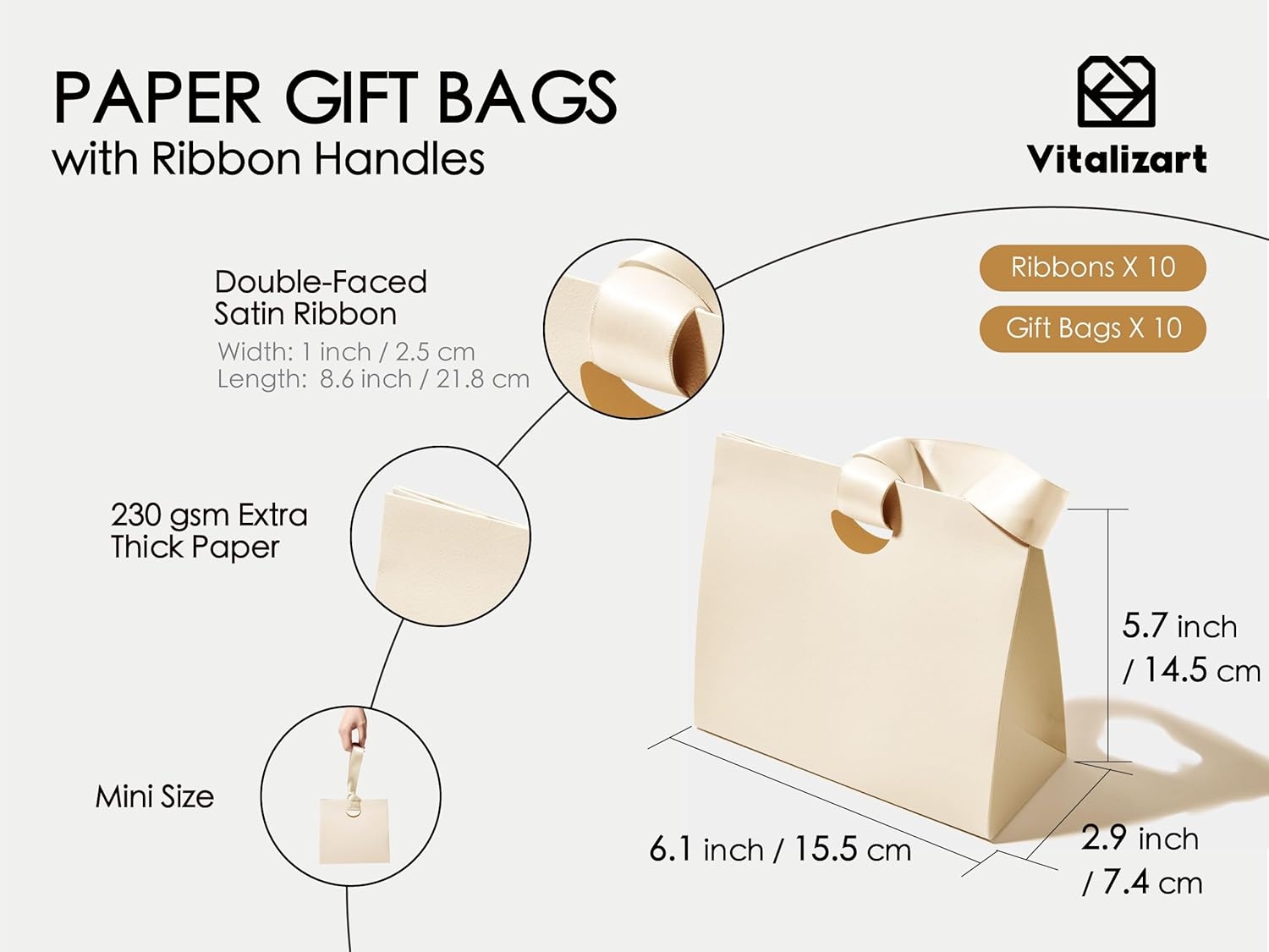 image:imageVitalizart Paper Gift Bags With Ribbon Handles Set of 10 Assorted Colors Bulk Reusable For Gift Wrap Girls Kids Birthday Bridal Shower Party Favors Goodie Bags Candy Christmas 61x295x571 Mini10 Assorted Colors