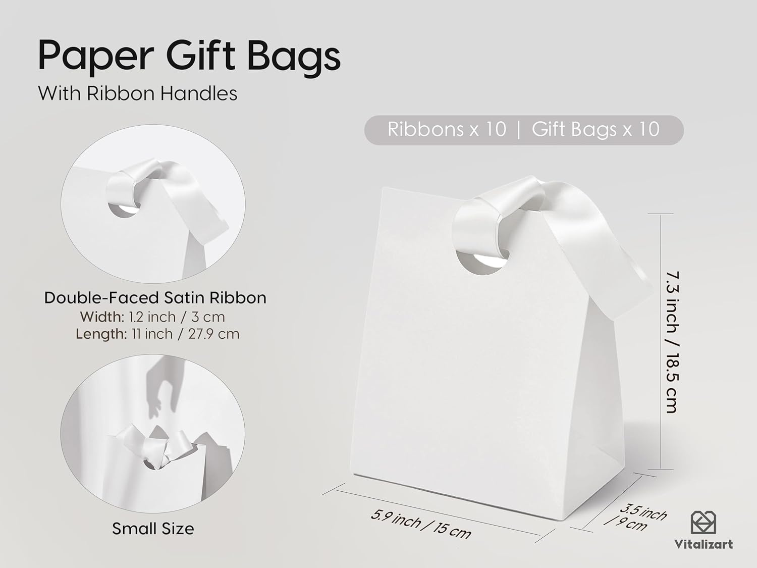 image:imageVitalizart Paper Gift Bags With Ribbon Handles Set of 10 Assorted Colors Bulk Reusable For Gift Wrap Girls Kids Birthday Bridal Shower Party Favors Goodie Bags Candy Christmas 591x354x728 SmallWhite