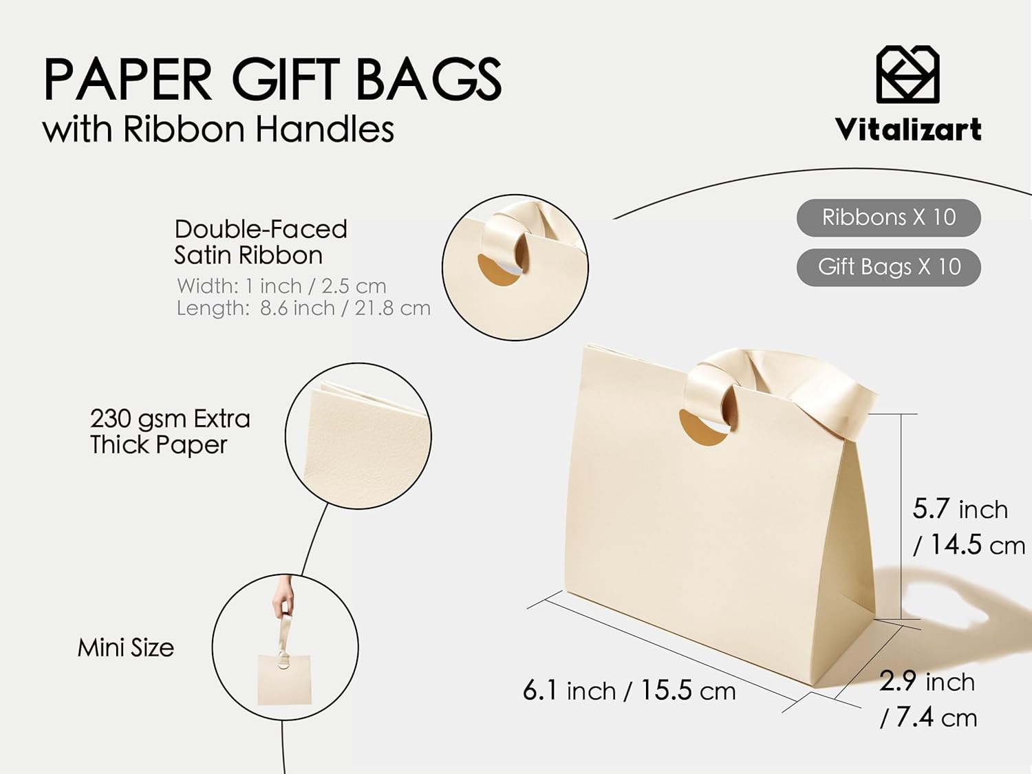 image:imageVitalizart Paper Gift Bags With Ribbon Handles Set of 10 Assorted Colors Bulk Reusable For Gift Wrap Girls Kids Birthday Bridal Shower Party Favors Goodie Bags Candy Christmas 61x295x571 MiniCream White