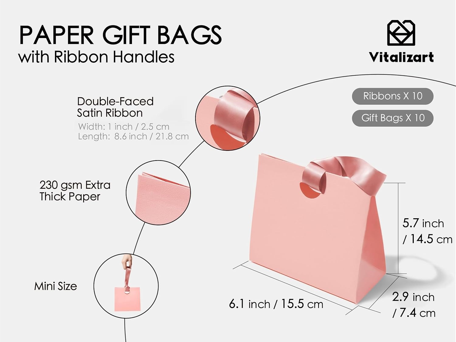 image:imageVitalizart Paper Gift Bags With Ribbon Handles Set of 10 Assorted Colors Bulk Reusable For Gift Wrap Girls Kids Birthday Bridal Shower Party Favors Goodie Bags Candy Christmas 61x295x571 MiniPink