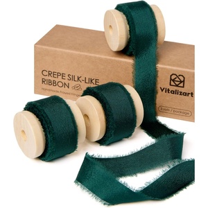 image:imageVitalizart Christmas Satin Ribbon Double Face 1 x 21 Yd Crepe Silk Like Handmade Frayed Fringe Ribbon for Gift Wrapping Holiday Decor Christmas Tree Red Green WhiteGreen