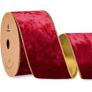 image:imageVitalizart Red Gold Wired Velvet Ribbon 25 Inch Metallic Crushed Velvet for Gift Wrapping Christmas Tree Decoration Crafts Wreaths Garland Continuous 10 YardsRed Gold Wire