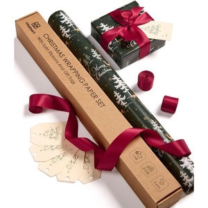image:imageVitalizart Christmas Wrapping Paper Roll Set 17 With Satin Ribbon amp Gift Tags Green Reversible Holiday Design With Christmas Tree Snowflakes Stripes PlaidGreen Christmas Wrapping Paper Set