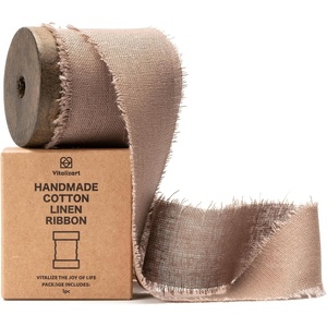 image:imageVitalizart Cotton Ribbon Beige Nude 112 Inch Linen Ribbon Rustic Frayed Fringes for Gift Wrapping Wedding Invitations Bridal Bouquets Crafts 5 YardBrown