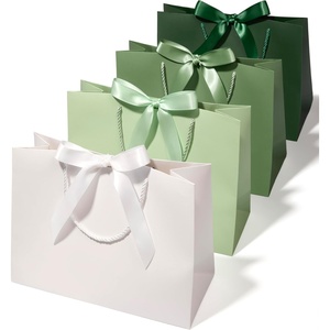 image:imageVitalizart Large Paper Gift Bags With Handles amp Ribbon Bows Thick Texture  Set of 4 Bulk Pack Green Reusable For Gift Wrap Girls Kids Birthday Bridal Baby Shower Party Favors Goodie Candy 129x10x5Green  Cream