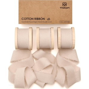 image:imageVitalizart Dusty Blue Cotton Ribbon 1 x 15 Yds Handmade Frayed FringeLight Nude