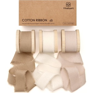 image:imageVitalizart Dusty Blue Cotton Ribbon 1 x 15 Yds Handmade Frayed FringeNude  Ivory