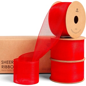 image:imageVitalizart Organza Ribbon 15 x 30 Yd Christmas Sheer Ribbons Set 10 Yd x 3 Rolls Red Green White for Christmas Decor Gift Wrapping Crafts Bows Wedding Invitations Wreaths BouquetRed