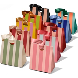 image:imageVitalizart Striped Paper Gift Bags With Ribbon Handles Small Bulk Pack10 Mixed Colors