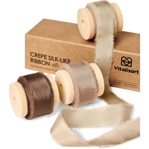 image:imageVitalizart Dusty Green Ribbon 58 x 15 Yd Crepe SilkLike Frayed FringeBrown Nude Ivory