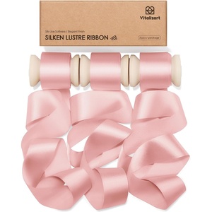 image:imageVitalizart Silky Luster Ribbon 1In x 15 Yds Dark Green 3 Rolls Clean EdgesLight Pink