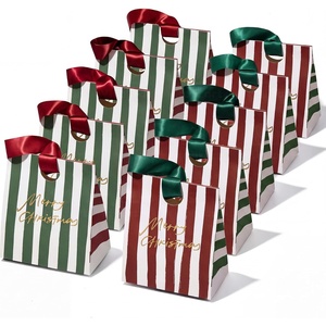 image:imageVitalizart Christmas Paper Gift Bags With Ribbon Handles Small Bulk PackMerry Christmas Striped 10pcs