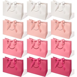 image:imageVitalizart Large Paper Gift Bags With Handles amp Ribbon Bows Thick TexturePink  Cream 12 Pcs